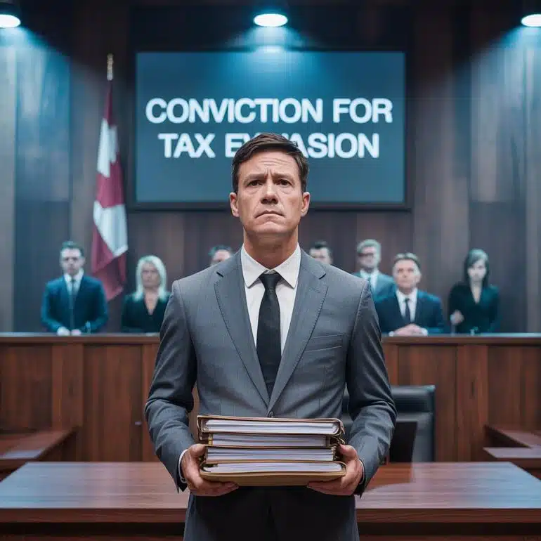Solemn man holding a stack of documents in court with a screen behind him displaying the phrase "Conviction for Tax Evasion."